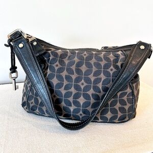 Fossil Vintage Key Leather and Black and Tan Patterned Satchel